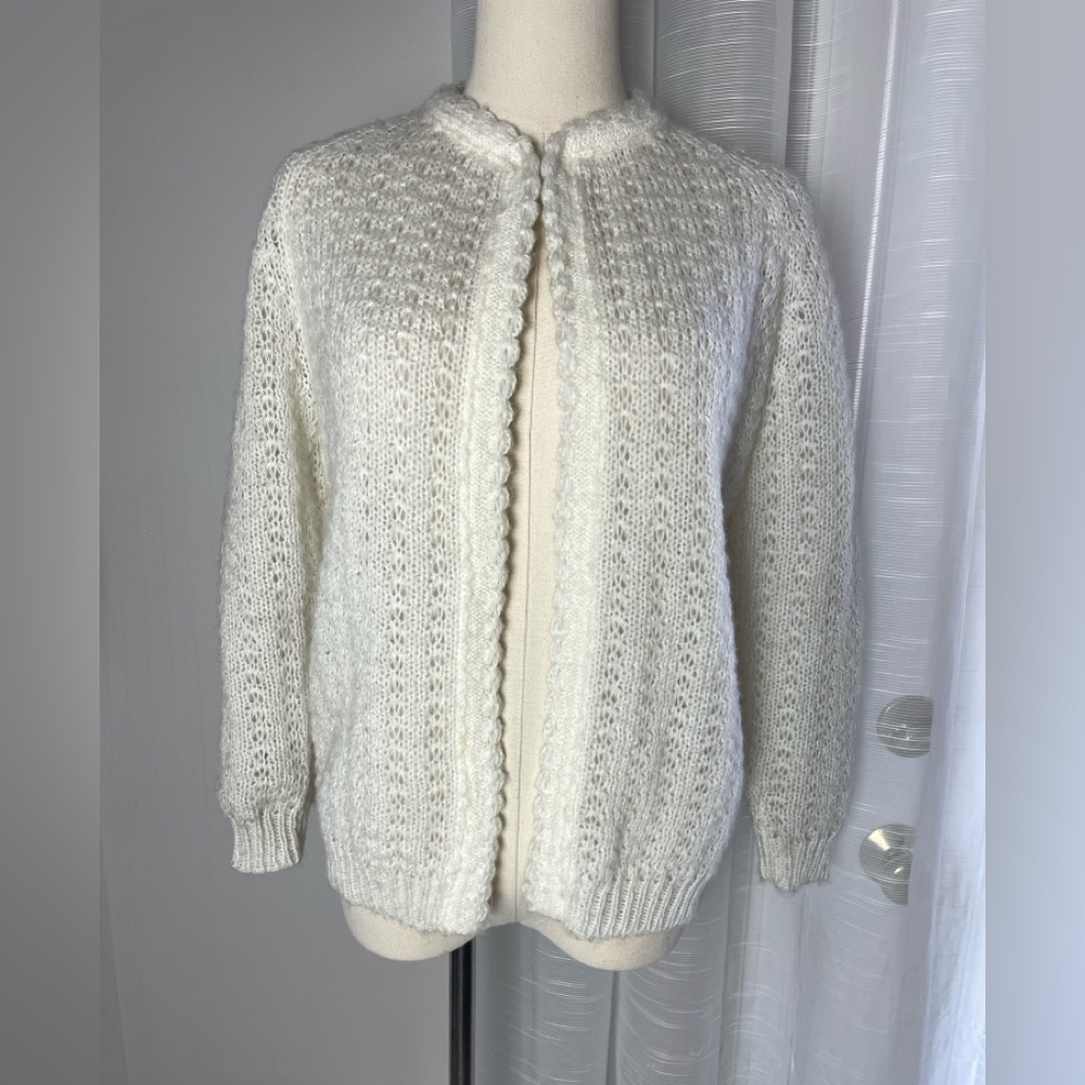 Vintage Atkins Japan Open Knit White Cardigan with Sheer Chiffon Lining